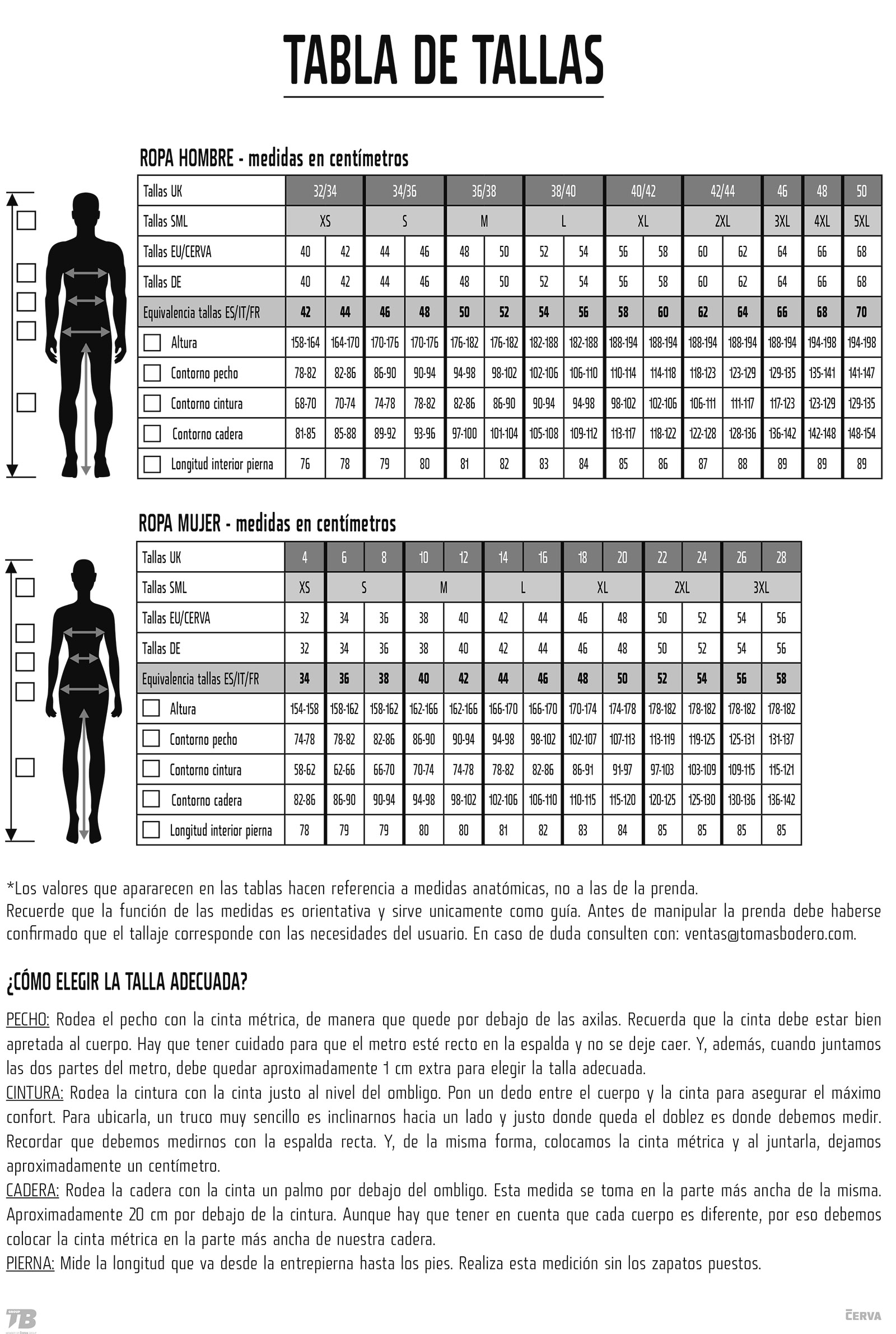 Guía de tallas ropa Cerva